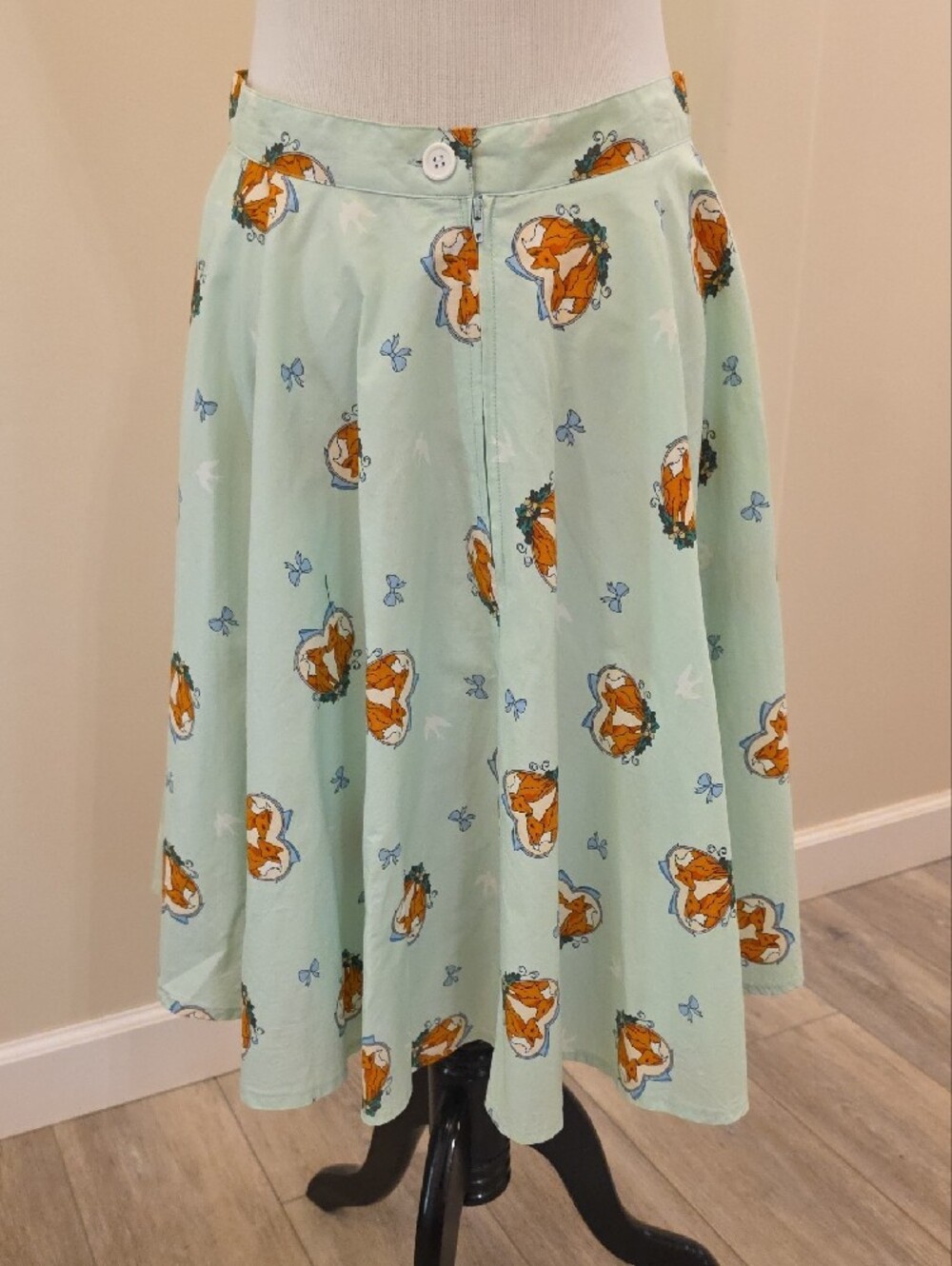 Hell Bunny Mint Green Fox Print Circle Skirt with Blue Heart Pockets - Picture 2 of 3